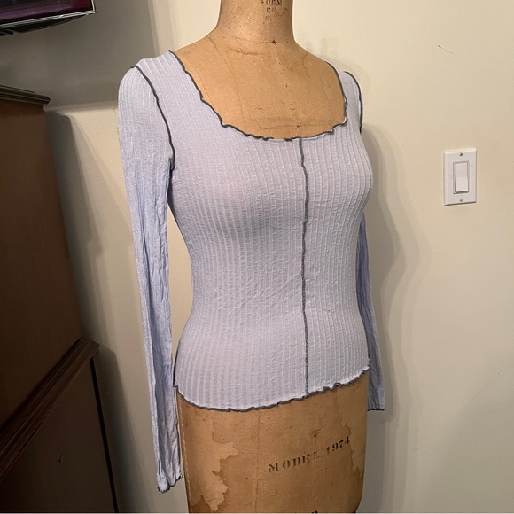 Out From Under Jesse Light Blue Lettuce-Edge Long Sleeve T-Shirt Top - Picture 4 of 7